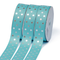 Лента репсовая с принтом горошек серебро, 25мм, 331 бирюзовый
