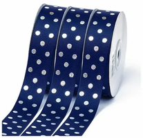 Лента репсовая с принтом горошек серебро, 25мм, 370 синий